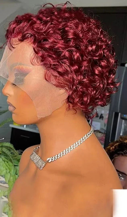 Pixie Cut 99J Color Lace Wig Spring Curl Short Human Hair Wig For Women Brazilian Burgundy Pixie Cut Wig