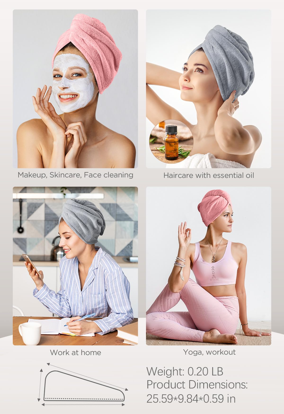 Hicober Microfiber Hair Towel, 3 Packs Hair Turbans for Wet Hair, Drying Hair Wrap Towels for Curly Hair Women Anti Frizz (Blue,Grey,Pink)