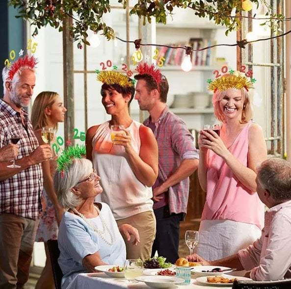 5PCS 2025 New Year Headband New Year's Eve Hat Star Hairbands Christmas Plastic Hair Bands With Sequins For New Year Eve Headpiece Birthday Carnival Party Props Decoration