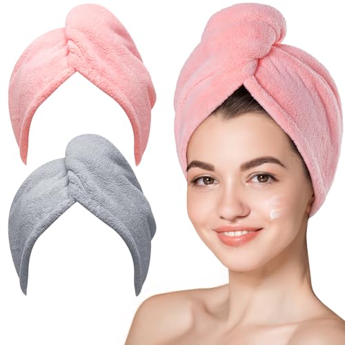 Hicober Microfiber Hair Towel, 3 Packs Hair Turbans for Wet Hair, Drying Hair Wrap Towels for Curly Hair Women Anti Frizz (Blue,Grey,Pink)