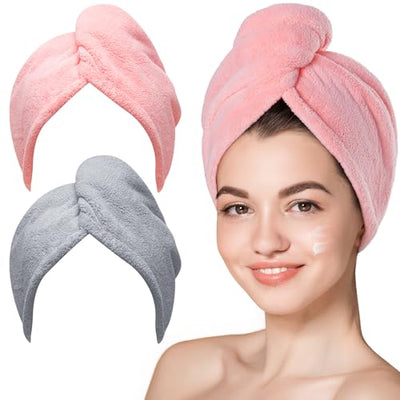 Hicober Microfiber Hair Towel, 3 Packs Hair Turbans for Wet Hair, Drying Hair Wrap Towels for Curly Hair Women Anti Frizz (Blue,Grey,Pink)