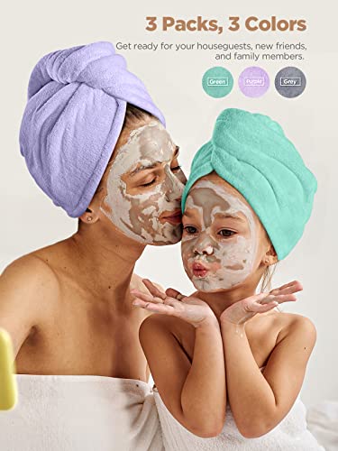 Hicober Microfiber Hair Towel, 3 Packs Hair Turbans for Wet Hair, Drying Hair Wrap Towels for Curly Hair Women Anti Frizz (Blue,Grey,Pink)