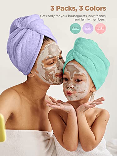 Hicober Microfiber Hair Towel, 3 Packs Hair Turbans for Wet Hair, Drying Hair Wrap Towels for Curly Hair Women Anti Frizz (Blue,Grey,Pink)