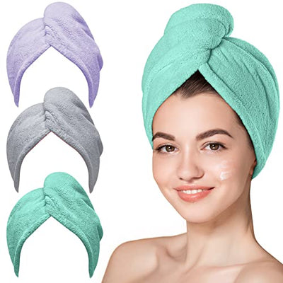 Hicober Microfiber Hair Towel, 3 Packs Hair Turbans for Wet Hair, Drying Hair Wrap Towels for Curly Hair Women Anti Frizz (Blue,Grey,Pink)