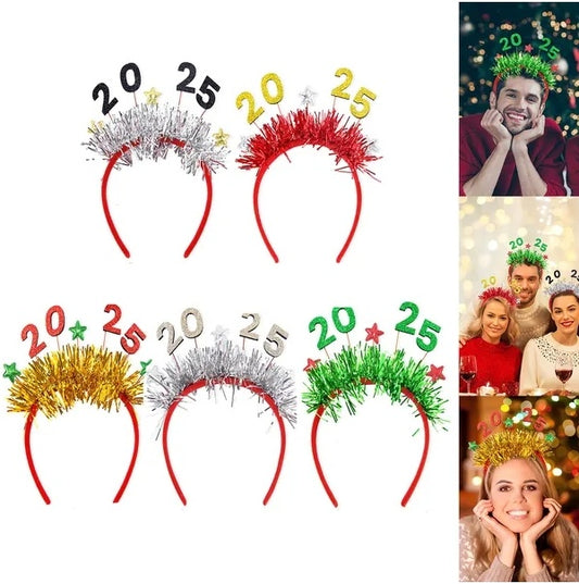 5PCS 2025 New Year Headband New Year's Eve Hat Star Hairbands Christmas Plastic Hair Bands With Sequins For New Year Eve Headpiece Birthday Carnival Party Props Decoration