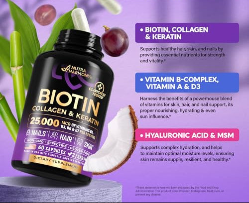 Biotin | Collagen | Keratin - Hair Growth Support, Skin & Nails - Women & Men | 60 Capsules