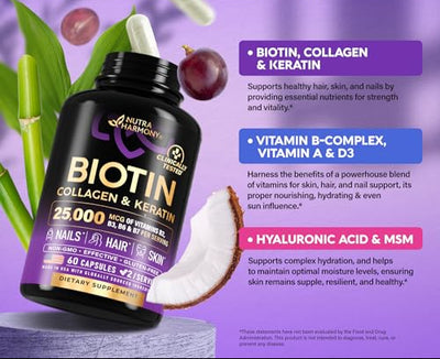 Biotin | Collagen | Keratin - Hair Growth Support, Skin & Nails - Women & Men | 60 Capsules