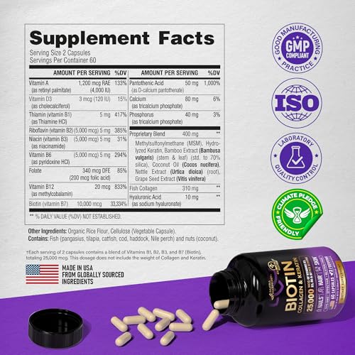 Biotin | Collagen | Keratin - Hair Growth Support, Skin & Nails - Women & Men | 60 Capsules