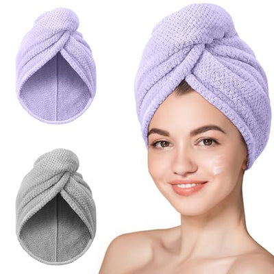 Hicober Microfiber Hair Towel, 3 Packs Hair Turbans for Wet Hair, Drying Hair Wrap Towels for Curly Hair Women Anti Frizz (Blue,Grey,Pink)