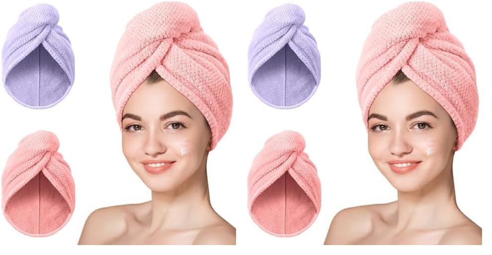 Hicober Microfiber Hair Towel, 3 Packs Hair Turbans for Wet Hair, Drying Hair Wrap Towels for Curly Hair Women Anti Frizz (Blue,Grey,Pink)