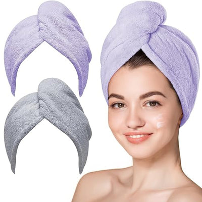 Hicober Microfiber Hair Towel, 3 Packs Hair Turbans for Wet Hair, Drying Hair Wrap Towels for Curly Hair Women Anti Frizz (Blue,Grey,Pink)