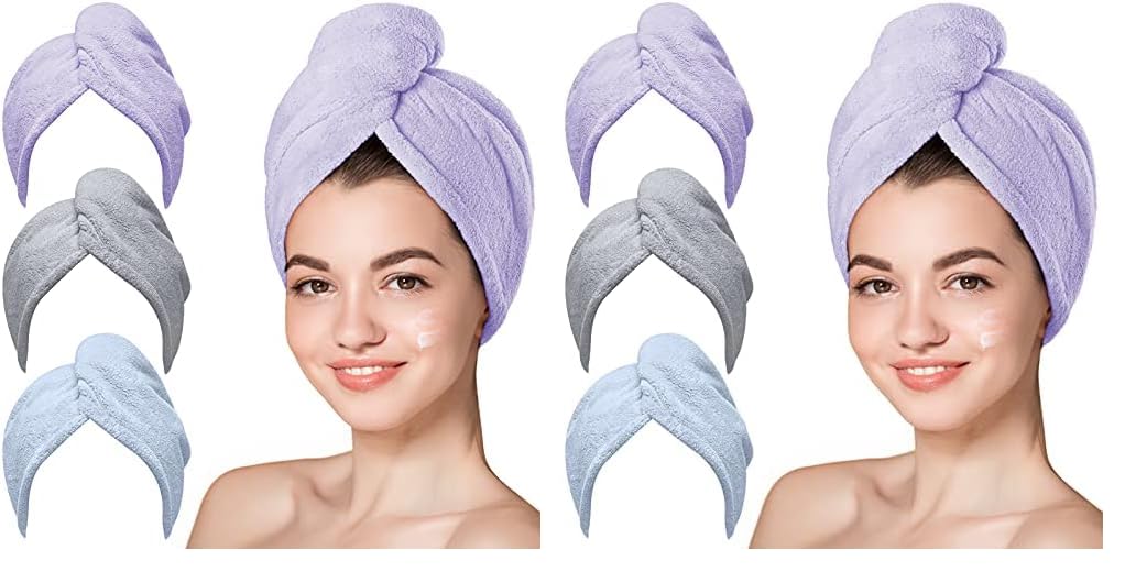 Hicober Microfiber Hair Towel, 3 Packs Hair Turbans for Wet Hair, Drying Hair Wrap Towels for Curly Hair Women Anti Frizz (Blue,Grey,Pink)