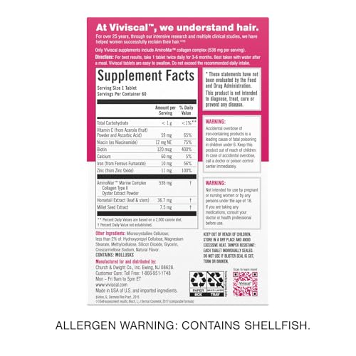 Viviscal Hair Growth Supplements for Women, Dietary Hair Supplement Tablets With AminoMar Collagen Complex, Biotin, Zinc, Vitamin C, and Iron, Nourish Thinning Hair, 30 Day Supply, 60 Count