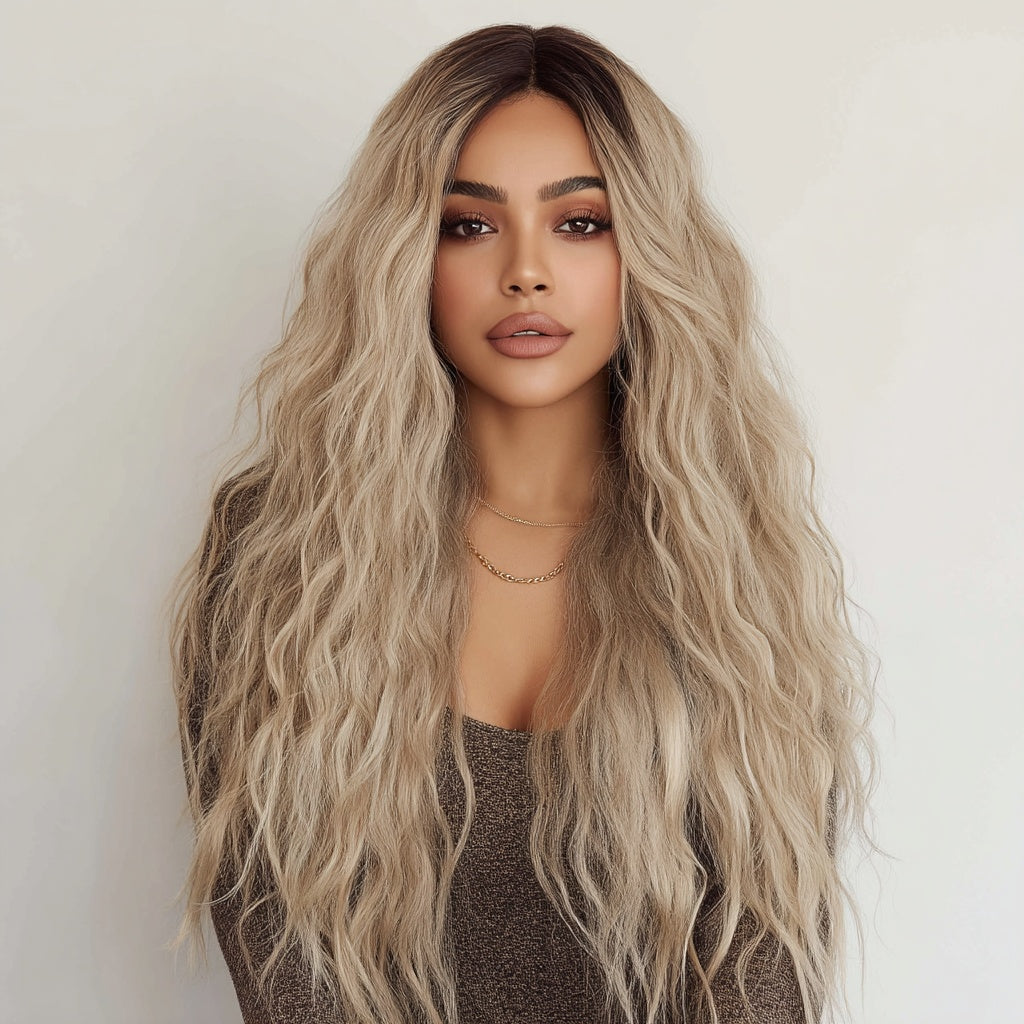 European And American Fashion T-shaped Lace Front Wig Gray Gradient Wavy Curly Hair Wig For Women SM9017