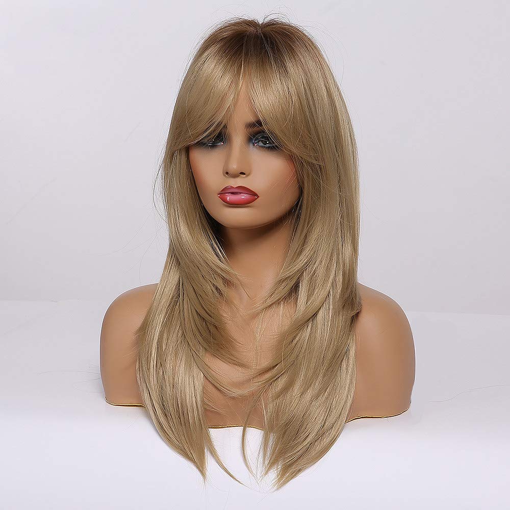 HAIRCUBE Blonde Wigs Long Curly Wigs Shoulder Length Heat Resistant Synthetic Wigs for Women with Bangs