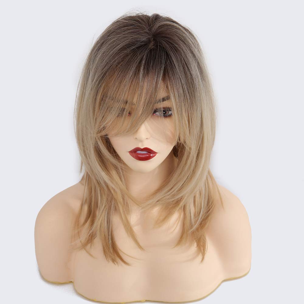 HAIRCUBE Blonde Wigs Long Curly Wigs Shoulder Length Heat Resistant Synthetic Wigs for Women with Bangs