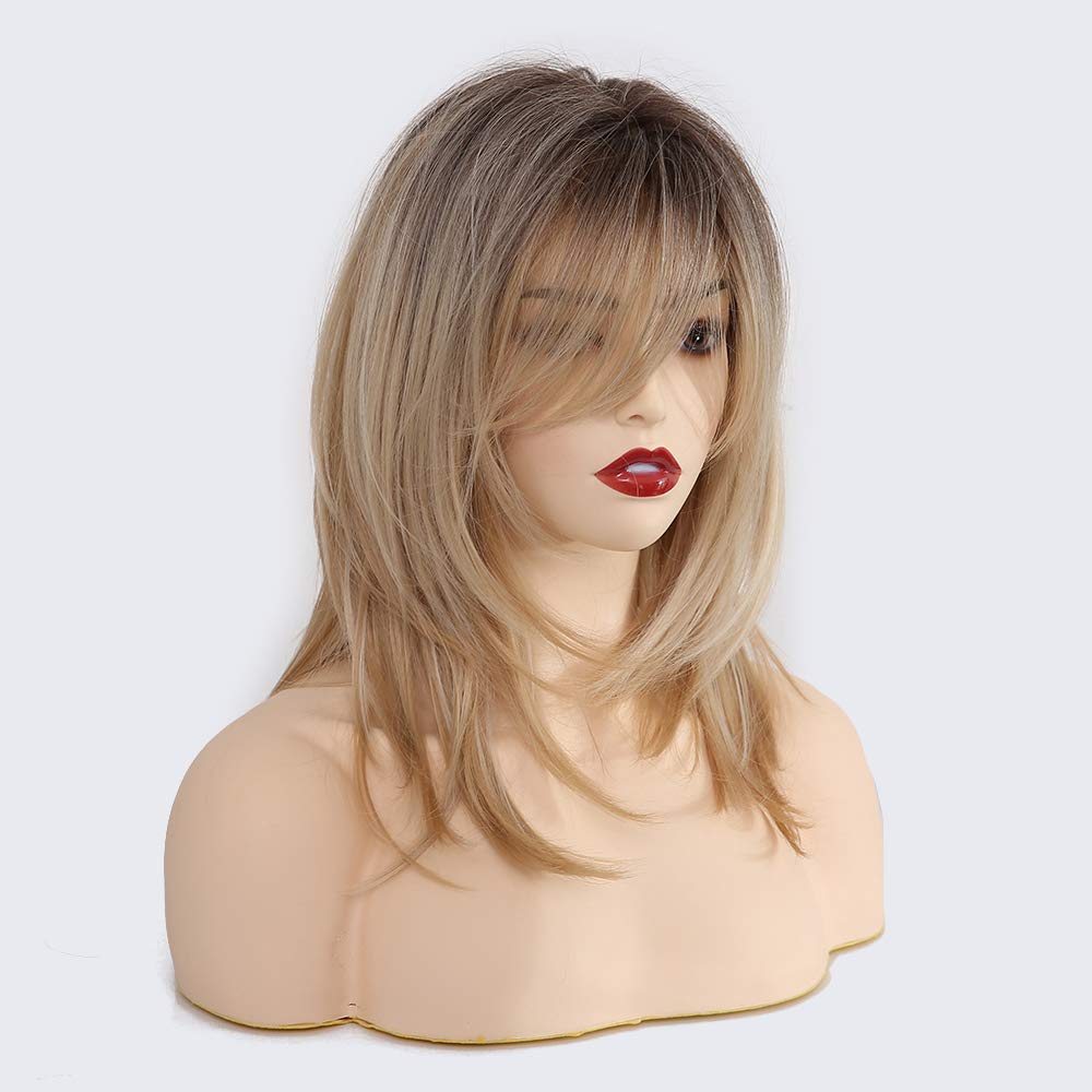 HAIRCUBE Blonde Wigs Long Curly Wigs Shoulder Length Heat Resistant Synthetic Wigs for Women with Bangs