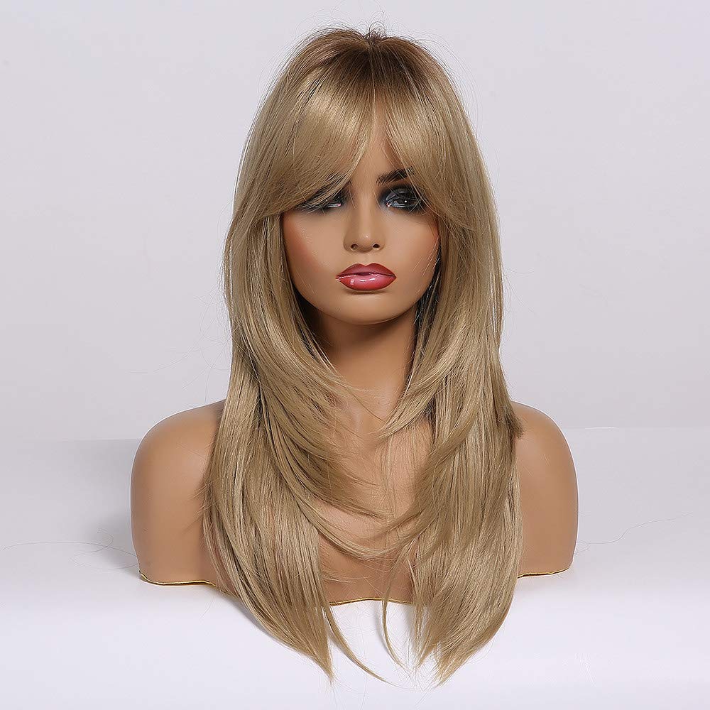 HAIRCUBE Blonde Wigs Long Curly Wigs Shoulder Length Heat Resistant Synthetic Wigs for Women with Bangs