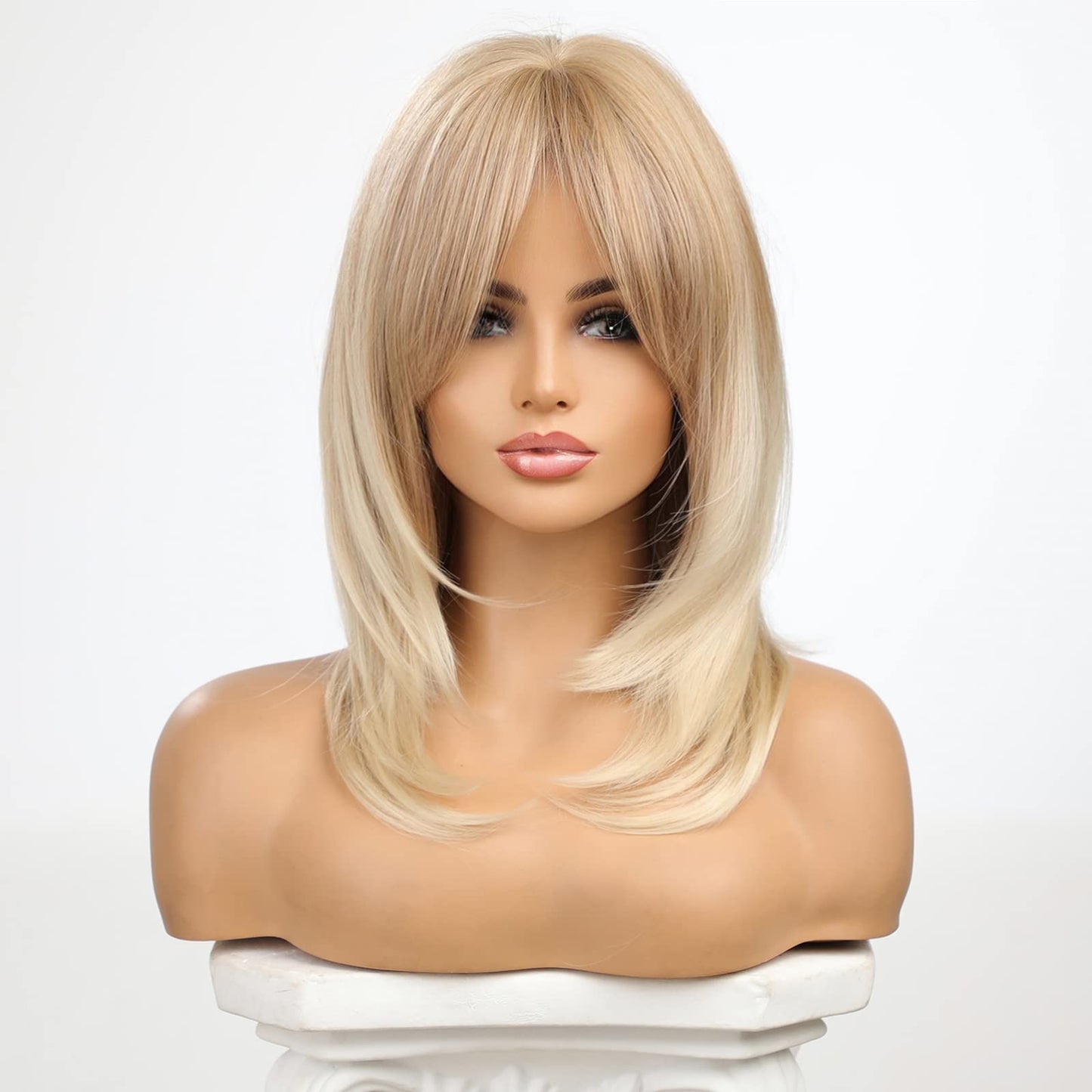 HAIRCUBE Blonde Wigs Long Curly Wigs Shoulder Length Heat Resistant Synthetic Wigs for Women with Bangs