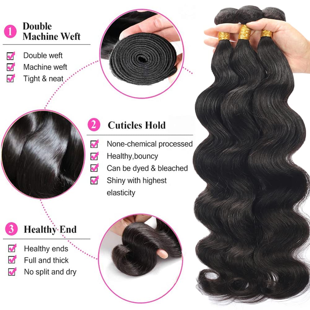 Body Wave Bundles Human Hair Brazilian Wave Bundles 100% Unprocessed Brazilian Virgin Remy Hair Bundles Body Weave Bundles Human Hair Extensions for Black Women 16 18 20 inch