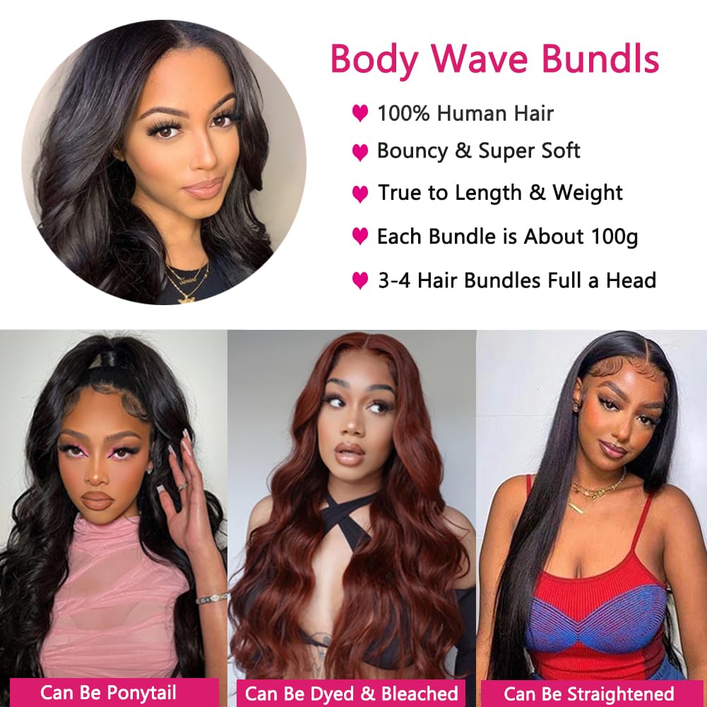 Body Wave Bundles Human Hair Brazilian Wave Bundles 100% Unprocessed Brazilian Virgin Remy Hair Bundles Body Weave Bundles Human Hair Extensions for Black Women 16 18 20 inch