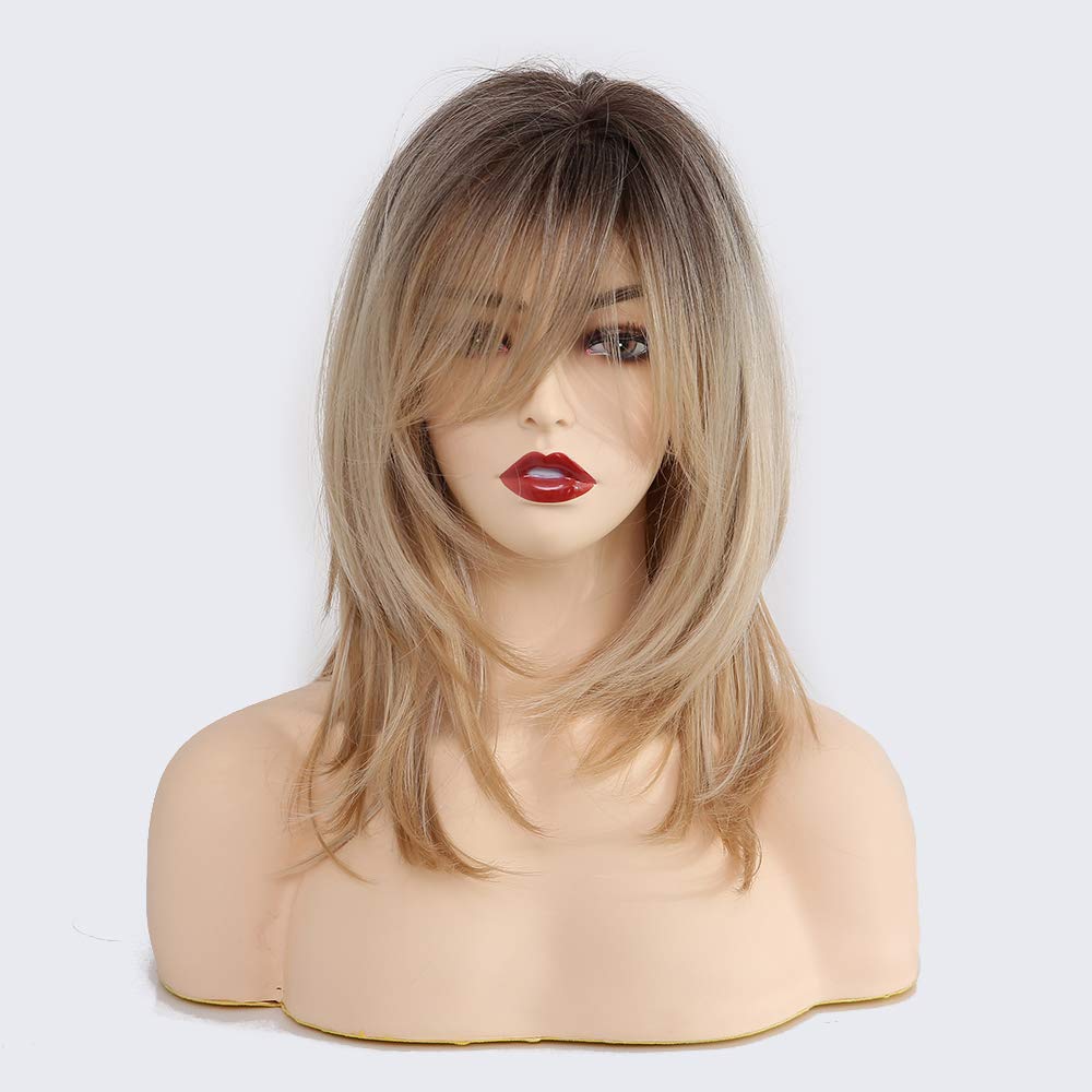 HAIRCUBE Blonde Wigs Long Curly Wigs Shoulder Length Heat Resistant Synthetic Wigs for Women with Bangs