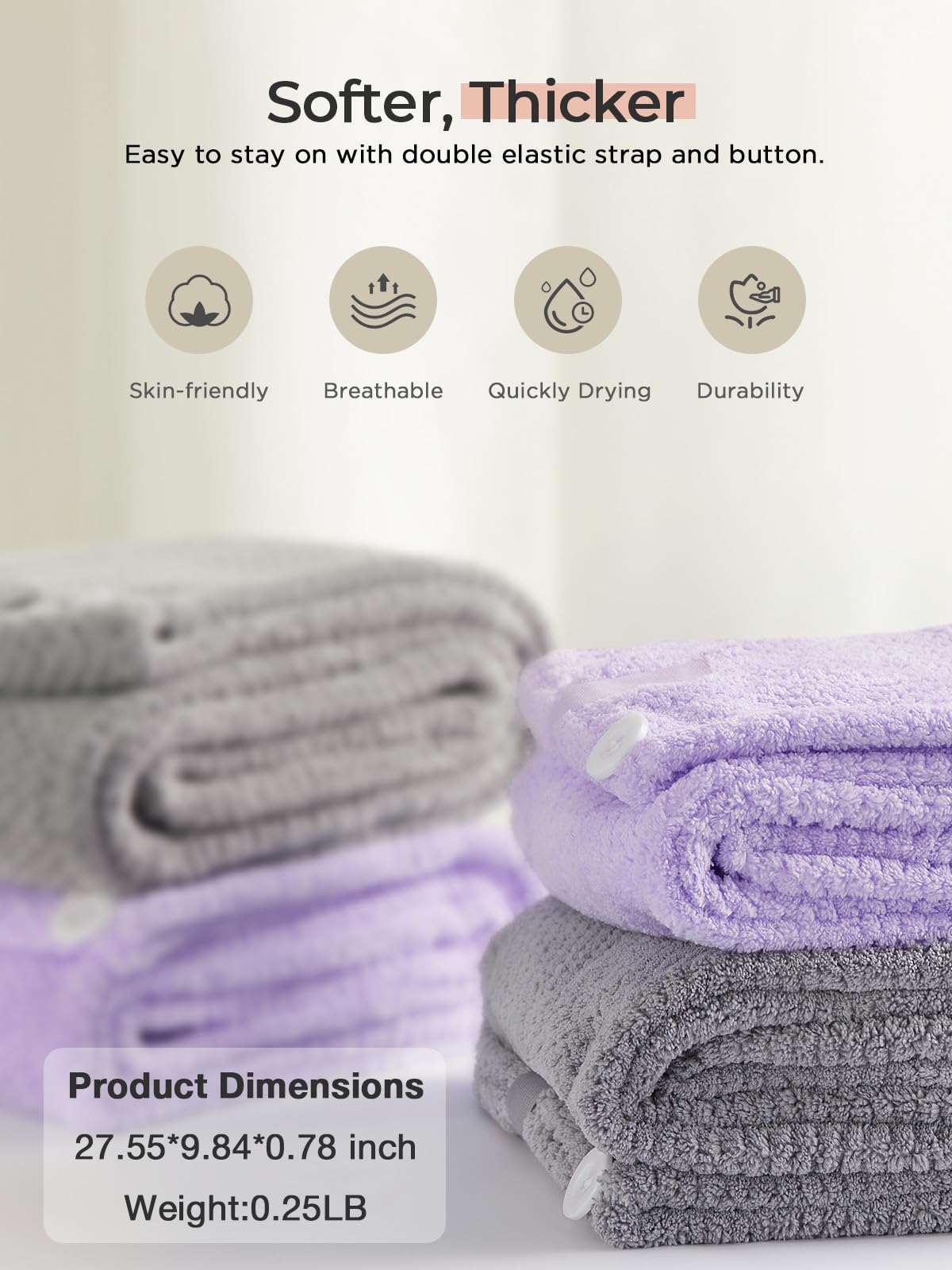 Hicober Microfiber Hair Towel, 3 Packs Hair Turbans for Wet Hair, Drying Hair Wrap Towels for Curly Hair Women Anti Frizz (Blue,Grey,Pink)