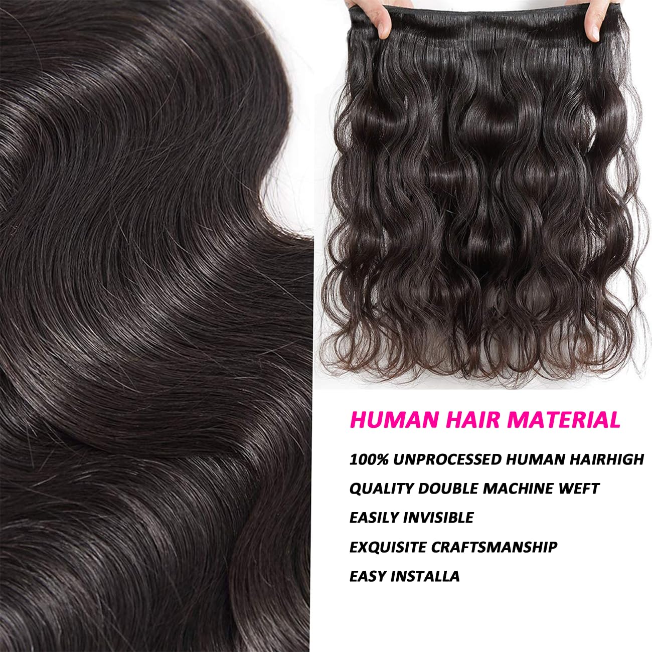 Rao 12A Body Wave Bundles Human Hair 22 24 26 Inch Human Hair Bundles 100% Brazilian Virgin Hair Body Wave Bundles Weave Human Hair Extensions 3 Bundles Deals Real Human Hair Natural Black For Women