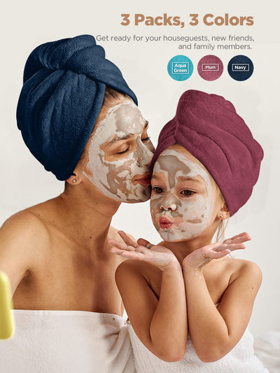 Hicober Microfiber Hair Towel, 3 Packs Hair Turbans for Wet Hair, Drying Hair Wrap Towels for Curly Hair Women Anti Frizz (Blue,Grey,Pink)