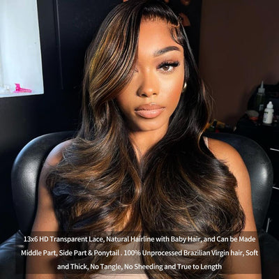 30 Inch Honey Blonde Ombre 13x6 Lace Front Wigs Human Hair 200% Density Highlight Body Wave HD Lace Front Wigs Human Hair Pre Plucked Glueless P4/27 Colored Honey Blonde Wig for Women