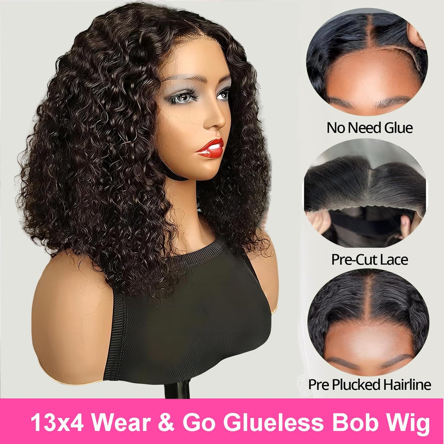 Wear and Go Glueless Bob Wig Human Hair Pre Plucked Pre Cut 13x4 Deep Curly Lace Front Wigs Human Hair For Black Women No Glue Upgraded Glueless Short Curly Bob Human Hair Wig 150% Density (12 Inch)