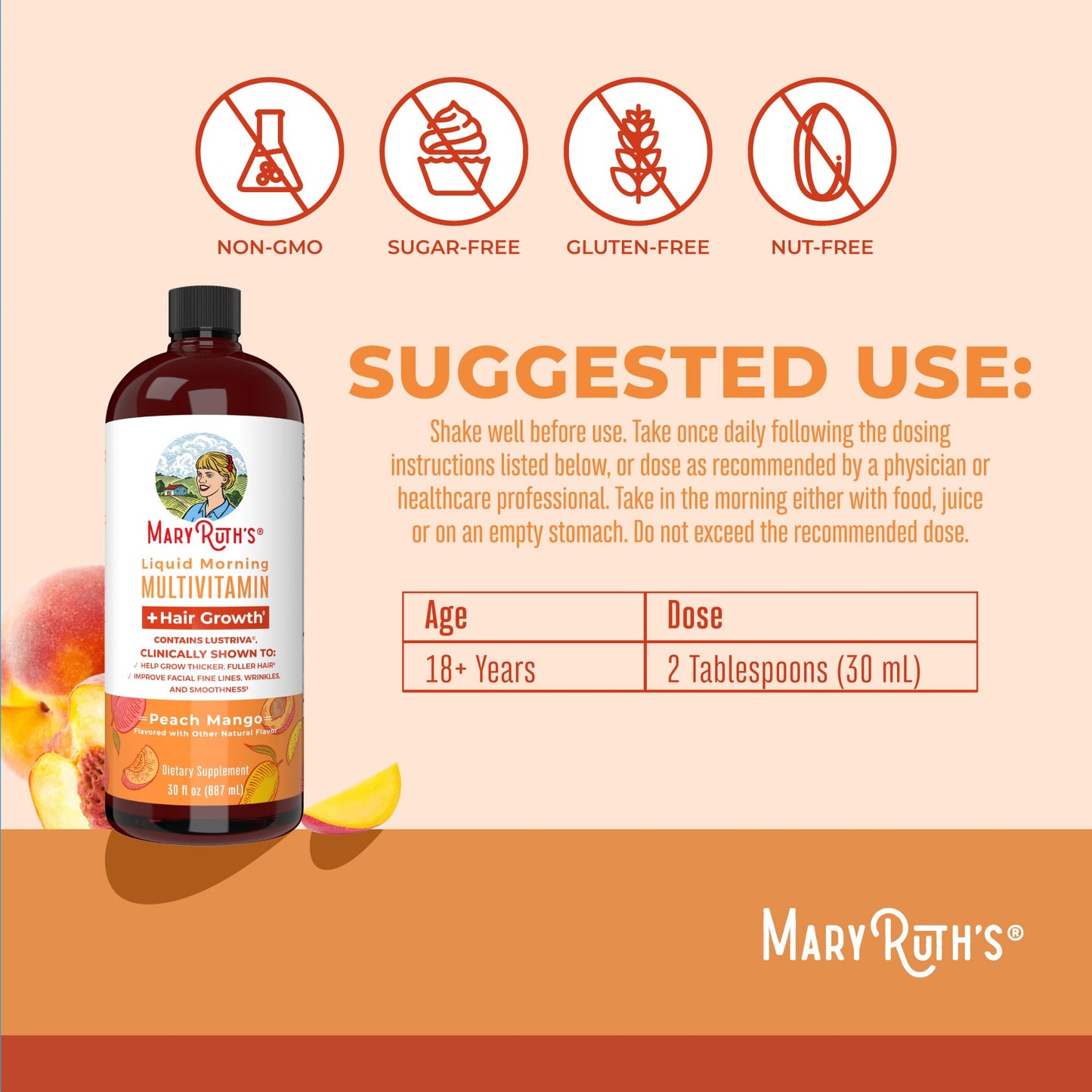 MaryRuth's Liquid Multivitamin + Lustriva® Hair Growth | Biotin 10000mcg | Vitamin D | B Vitamins | Clinically Tested for Thicker Hair, Wrinkles, Fine Lines, Skin Care | Ages 18+ | 30 Fl Oz