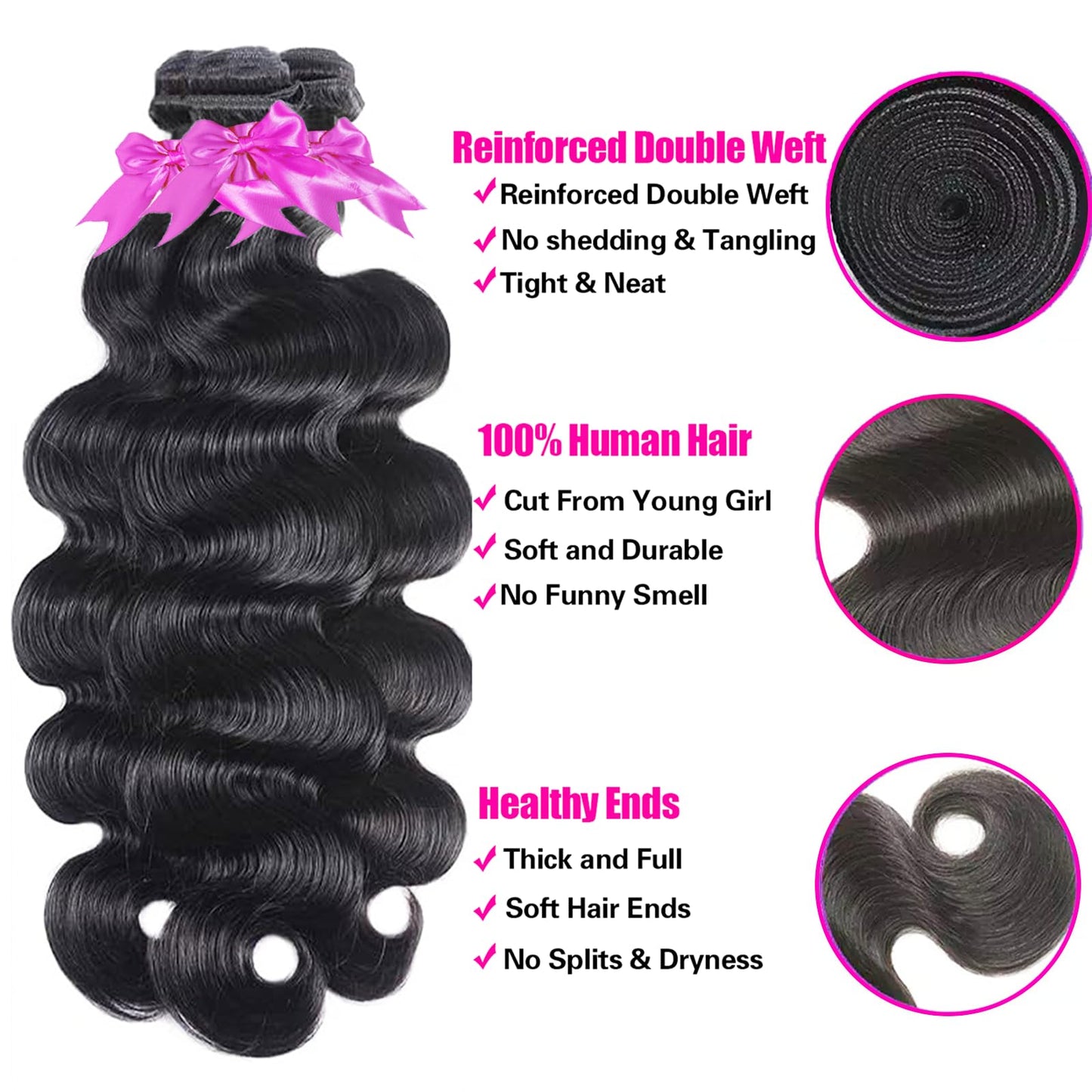 Rao 12A Body Wave Bundles Human Hair 22 24 26 Inch Human Hair Bundles 100% Brazilian Virgin Hair Body Wave Bundles Weave Human Hair Extensions 3 Bundles Deals Real Human Hair Natural Black For Women