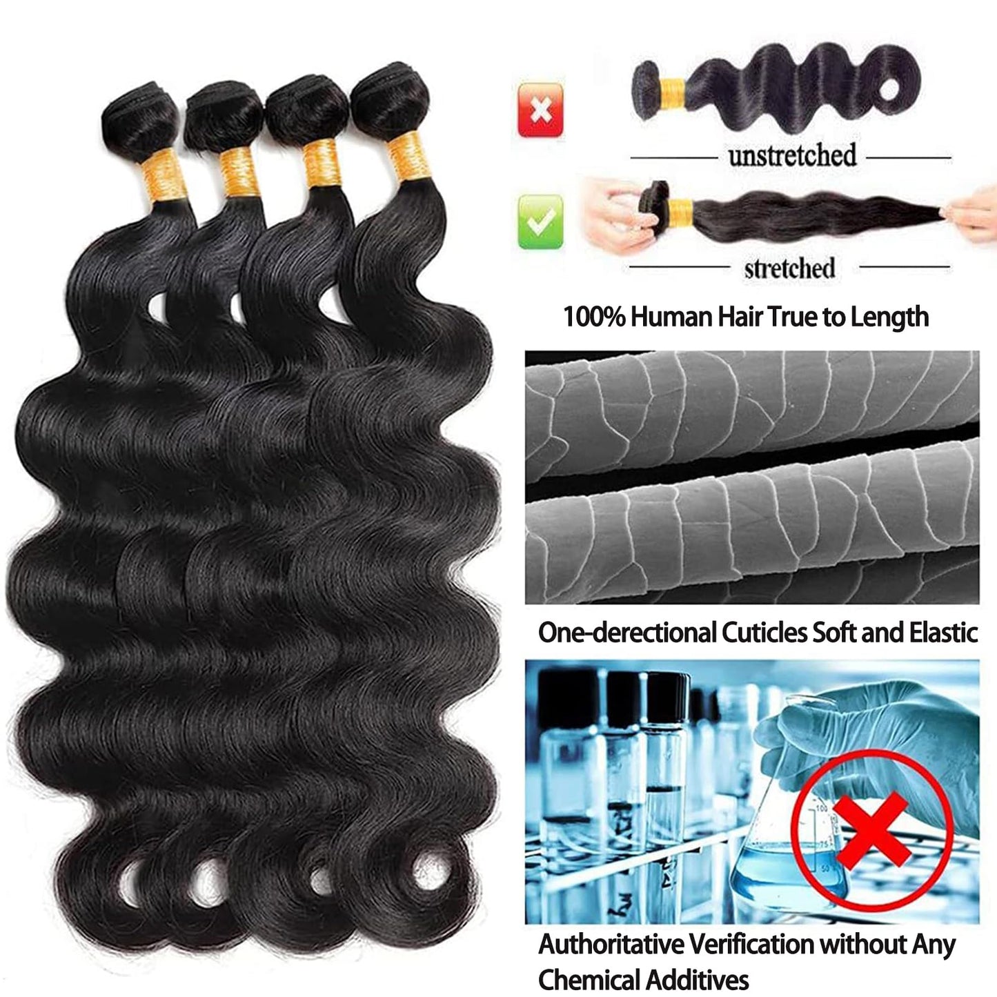 Rao 12A Body Wave Bundles Human Hair 22 24 26 Inch Human Hair Bundles 100% Brazilian Virgin Hair Body Wave Bundles Weave Human Hair Extensions 3 Bundles Deals Real Human Hair Natural Black For Women