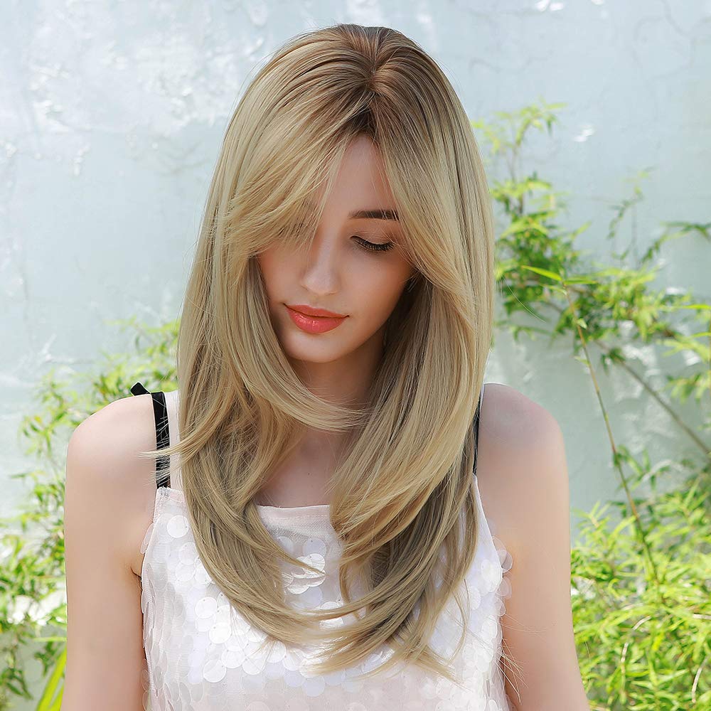 HAIRCUBE Blonde Wigs Long Curly Wigs Shoulder Length Heat Resistant Synthetic Wigs for Women with Bangs