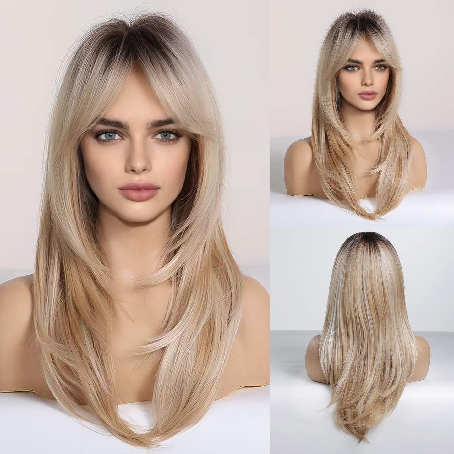 HAIRCUBE Blonde Wigs Long Curly Wigs Shoulder Length Heat Resistant Synthetic Wigs for Women with Bangs