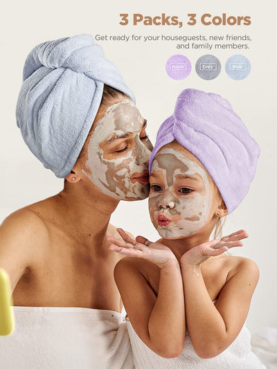 Hicober Microfiber Hair Towel, 3 Packs Hair Turbans for Wet Hair, Drying Hair Wrap Towels for Curly Hair Women Anti Frizz (Blue,Grey,Pink)