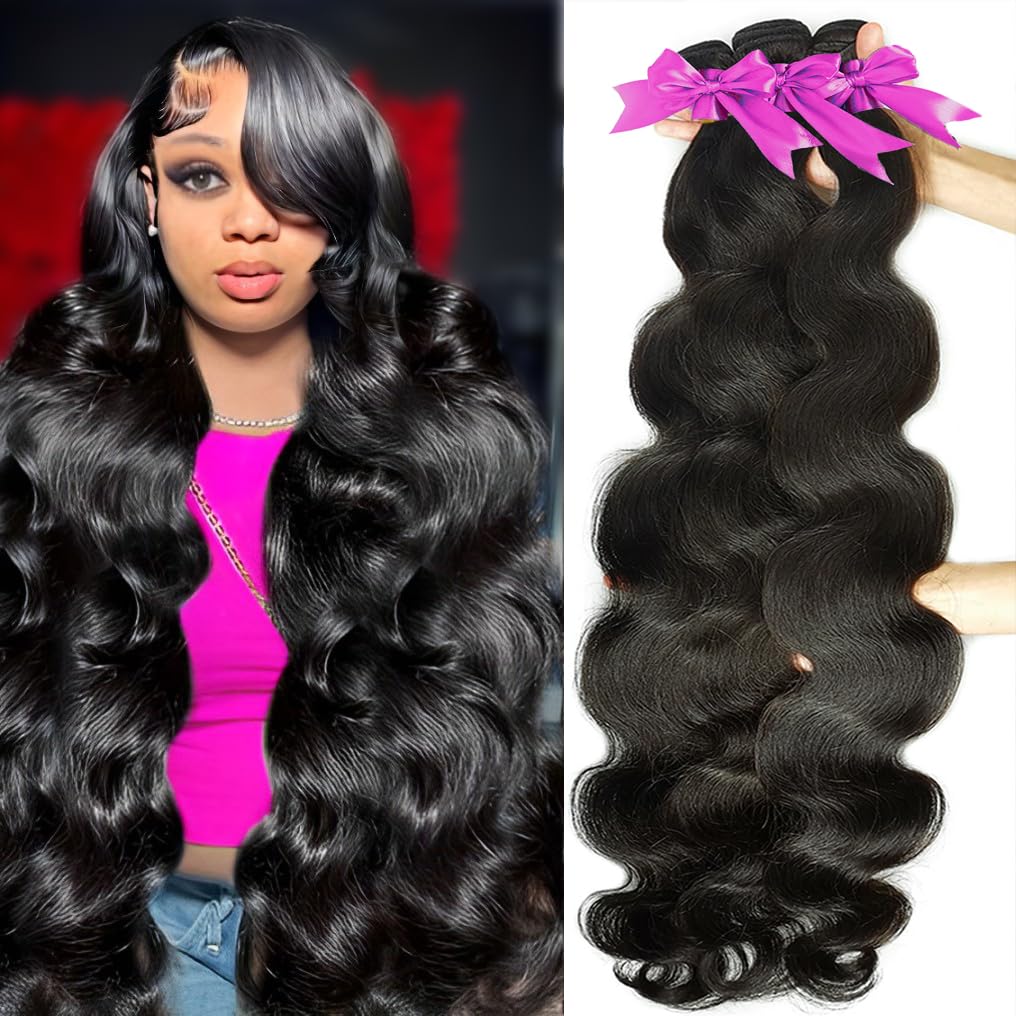 Rao 12A Body Wave Bundles Human Hair 22 24 26 Inch Human Hair Bundles 100% Brazilian Virgin Hair Body Wave Bundles Weave Human Hair Extensions 3 Bundles Deals Real Human Hair Natural Black For Women