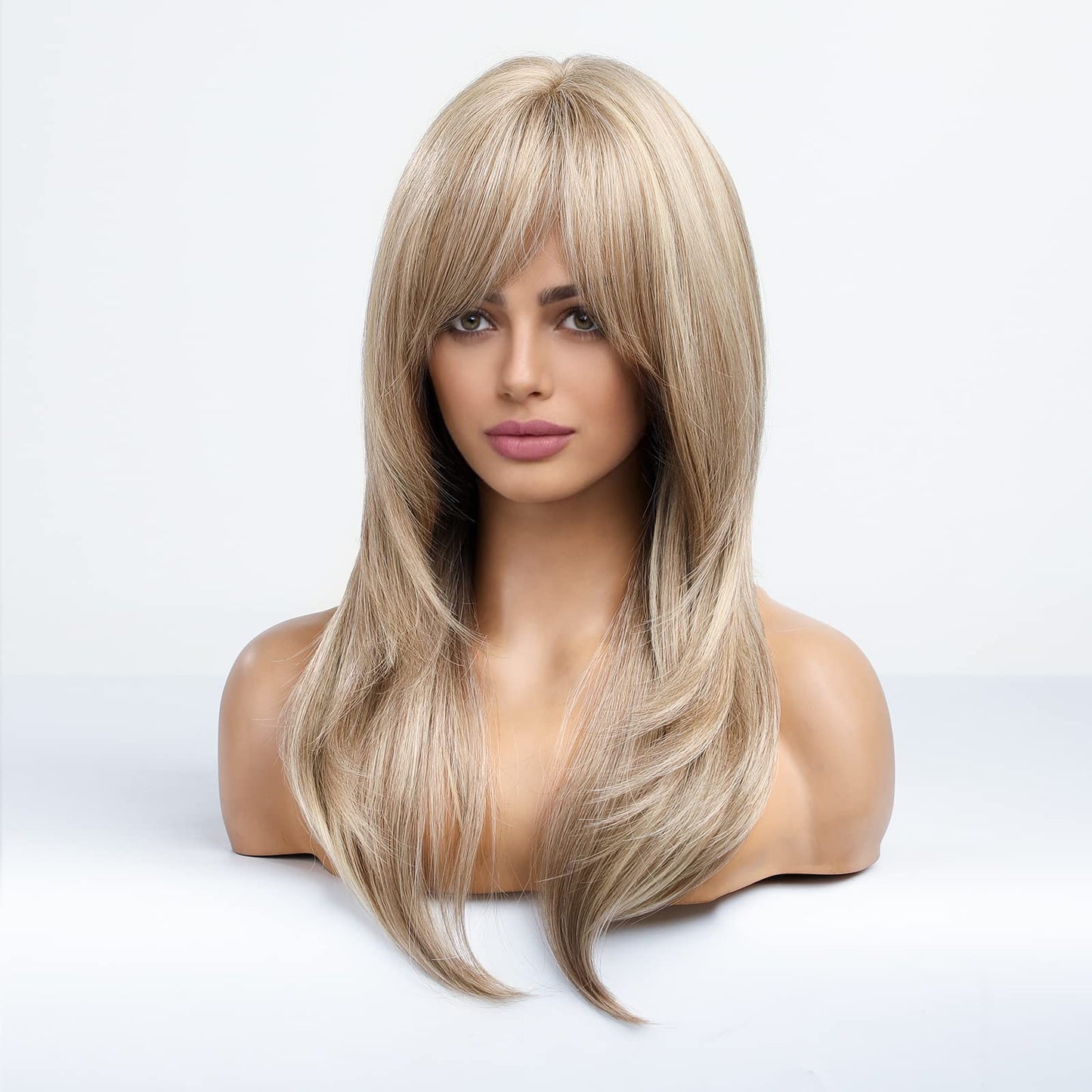 HAIRCUBE Blonde Wigs Long Curly Wigs Shoulder Length Heat Resistant Synthetic Wigs for Women with Bangs