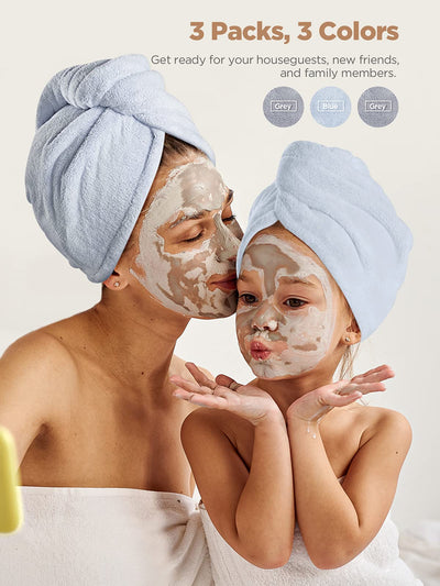 Hicober Microfiber Hair Towel, 3 Packs Hair Turbans for Wet Hair, Drying Hair Wrap Towels for Curly Hair Women Anti Frizz (Blue,Grey,Pink)