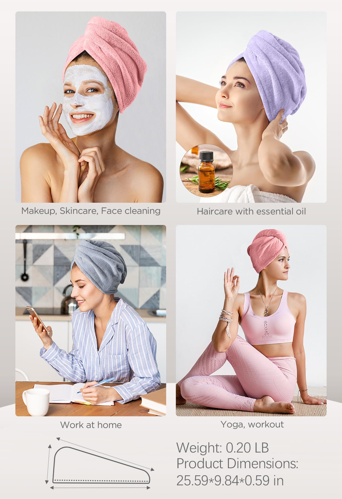 Hicober Microfiber Hair Towel, 3 Packs Hair Turbans for Wet Hair, Drying Hair Wrap Towels for Curly Hair Women Anti Frizz (Blue,Grey,Pink)