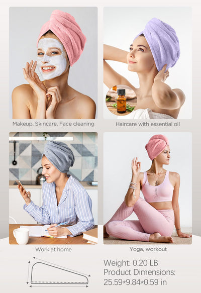 Hicober Microfiber Hair Towel, 3 Packs Hair Turbans for Wet Hair, Drying Hair Wrap Towels for Curly Hair Women Anti Frizz (Blue,Grey,Pink)