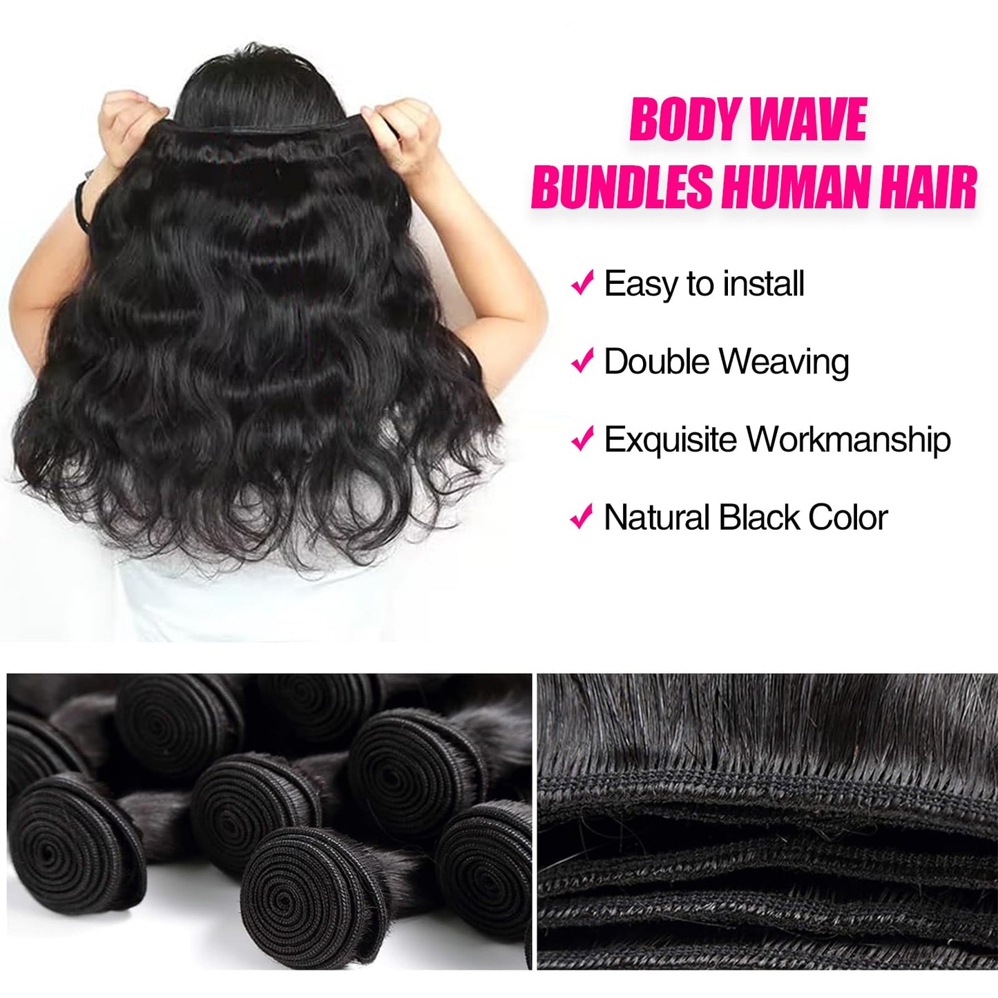 Rao 12A Body Wave Bundles Human Hair 22 24 26 Inch Human Hair Bundles 100% Brazilian Virgin Hair Body Wave Bundles Weave Human Hair Extensions 3 Bundles Deals Real Human Hair Natural Black For Women