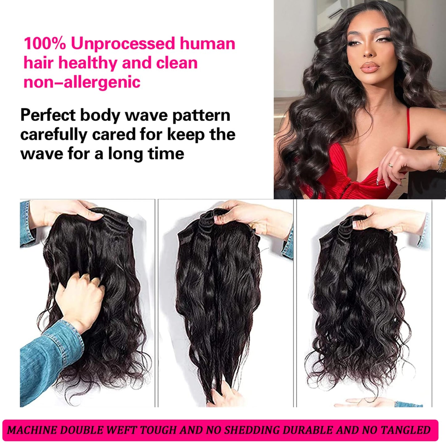 Rao 12A Body Wave Bundles Human Hair 22 24 26 Inch Human Hair Bundles 100% Brazilian Virgin Hair Body Wave Bundles Weave Human Hair Extensions 3 Bundles Deals Real Human Hair Natural Black For Women