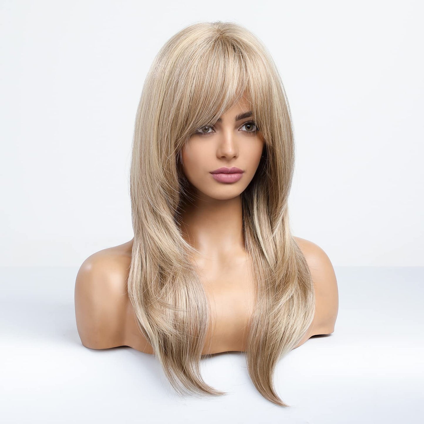 HAIRCUBE Blonde Wigs Long Curly Wigs Shoulder Length Heat Resistant Synthetic Wigs for Women with Bangs