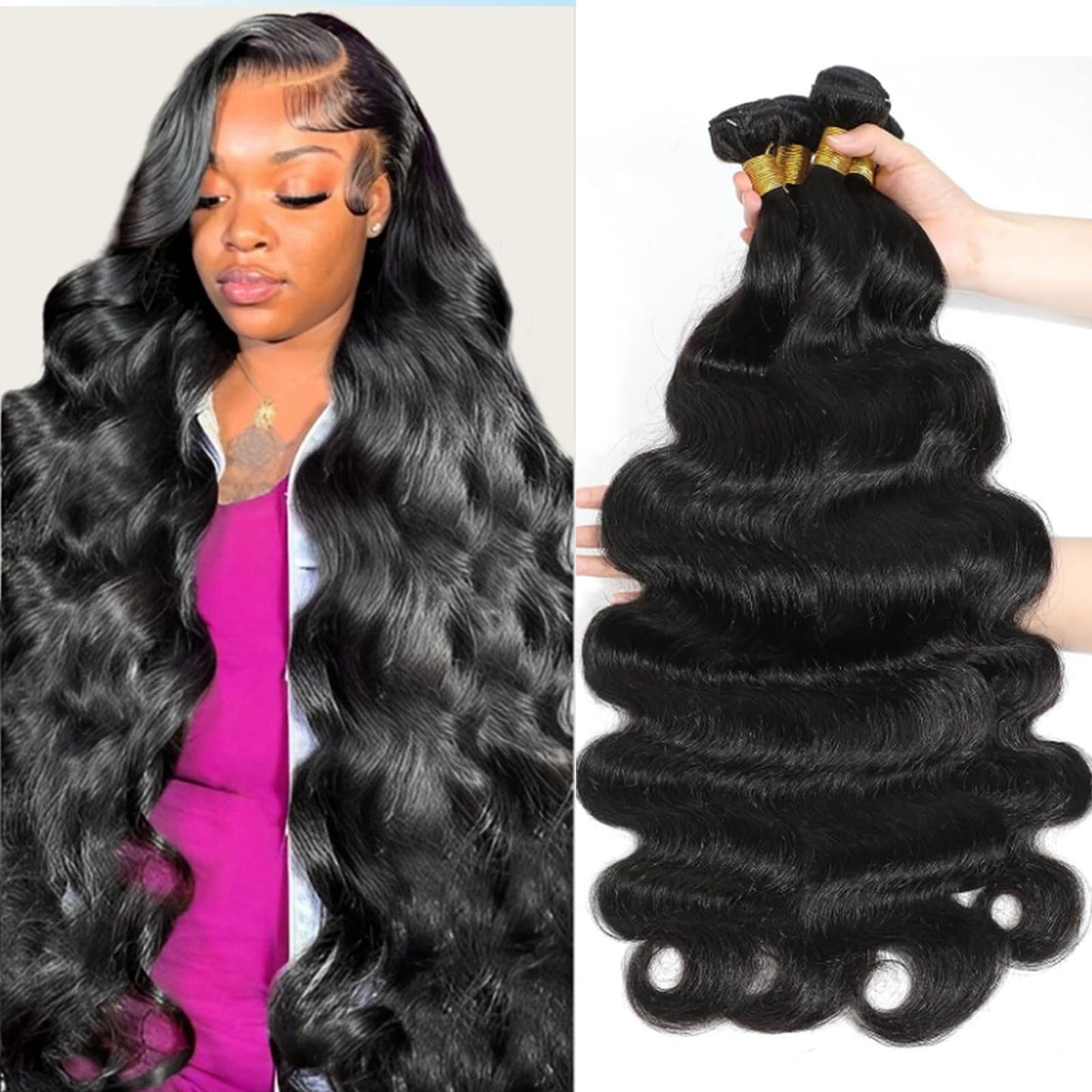 Rao 12A Body Wave Bundles Human Hair 22 24 26 Inch Human Hair Bundles 100% Brazilian Virgin Hair Body Wave Bundles Weave Human Hair Extensions 3 Bundles Deals Real Human Hair Natural Black For Women