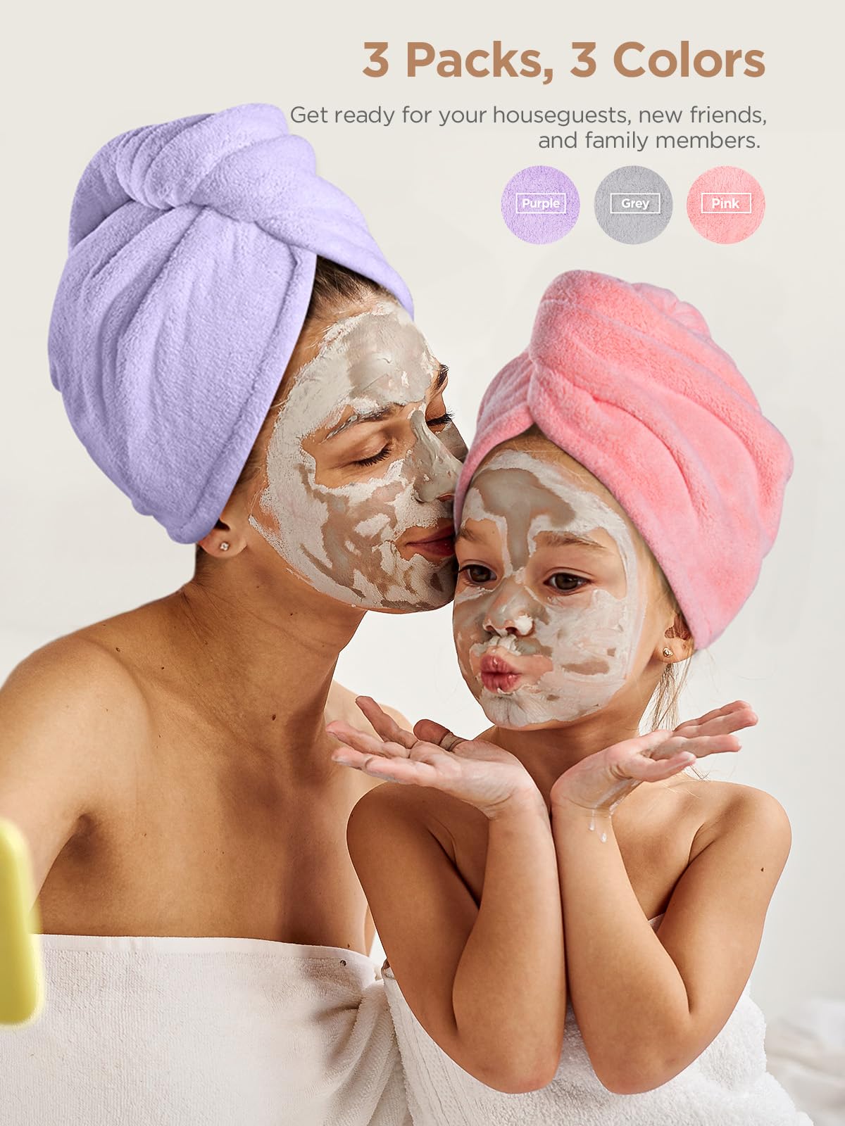 Hicober Microfiber Hair Towel, 3 Packs Hair Turbans for Wet Hair, Drying Hair Wrap Towels for Curly Hair Women Anti Frizz (Blue,Grey,Pink)