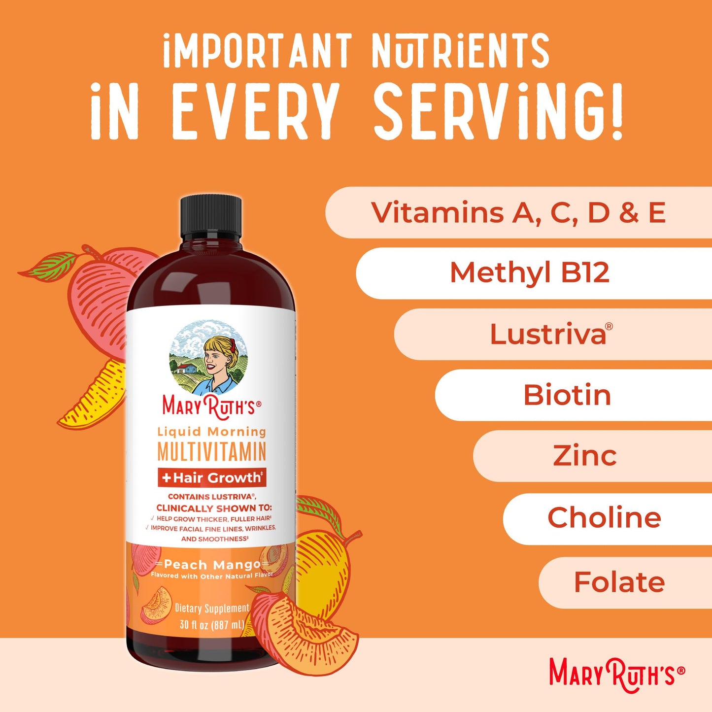 MaryRuth's Liquid Multivitamin + Lustriva® Hair Growth | Biotin 10000mcg | Vitamin D | B Vitamins | Clinically Tested for Thicker Hair, Wrinkles, Fine Lines, Skin Care | Ages 18+ | 30 Fl Oz