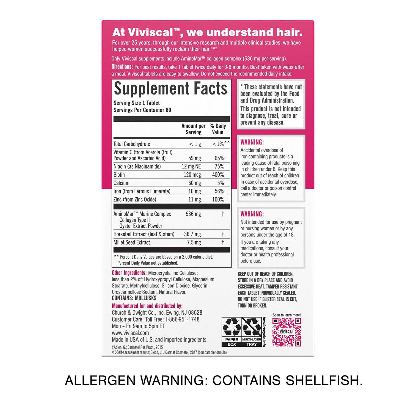 Viviscal Hair Growth Supplements for Women, Dietary Hair Supplement Tablets With AminoMar Collagen Complex, Biotin, Zinc, Vitamin C, and Iron, Nourish Thinning Hair, 30 Day Supply, 60 Count