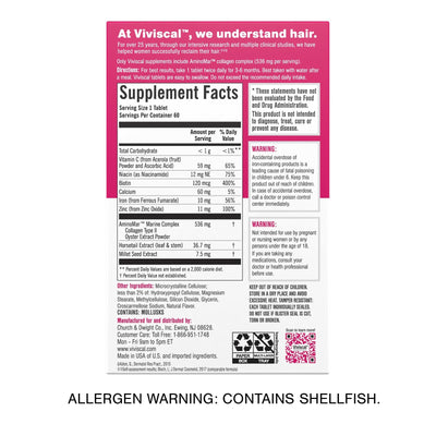 Viviscal Hair Growth Supplements for Women, Dietary Hair Supplement Tablets With AminoMar Collagen Complex, Biotin, Zinc, Vitamin C, and Iron, Nourish Thinning Hair, 30 Day Supply, 60 Count